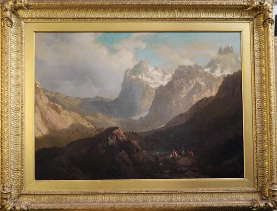 Arnold Jenny (Swiss, 1831-1881) Travellers in an alpine landscape 20 x 28in.